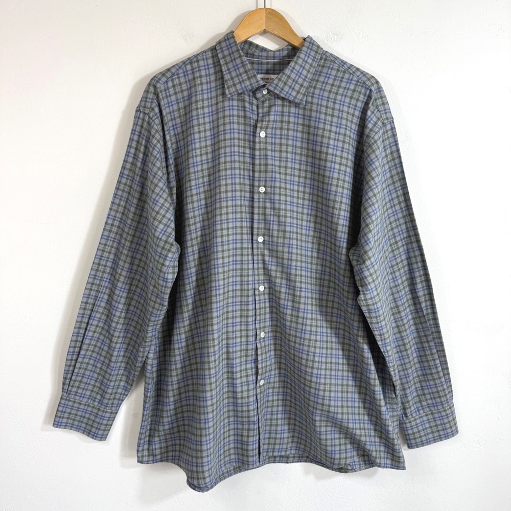 Peter Millar Plaid Flannel Button Down Shirt Blue Green Long Sleeve Preppy XXL
